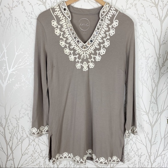 INC International Concepts Taupe Embellished Pima Cotton V-Neck Top Large - Picture 12 of 12